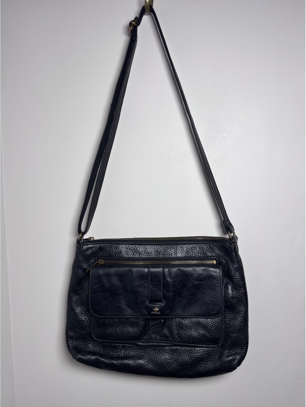 Fossil Black Pebbled Leather Crossbody Shoulder Bag Adjustable Strap